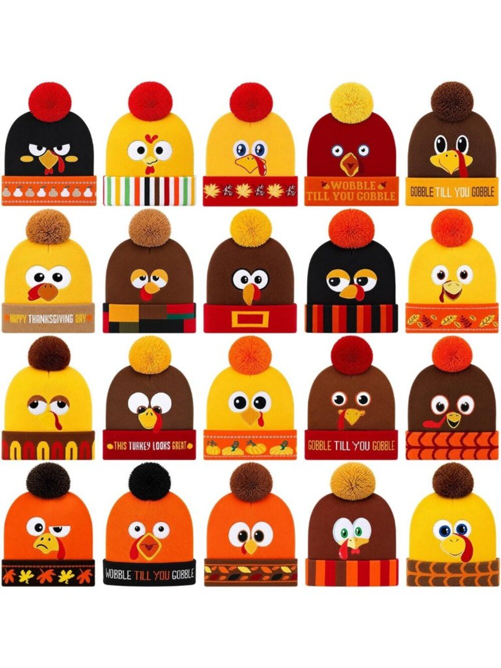 Turkey Trot Beanie Hats Set - 8/12/16/20pcs Thanksgiving Costume Accessories
